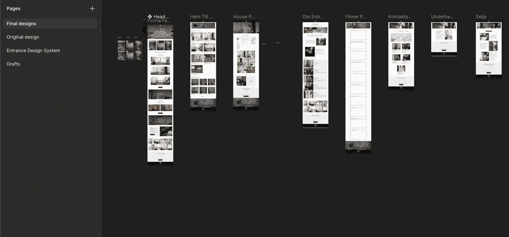 Figma file overview with all Entrance pages