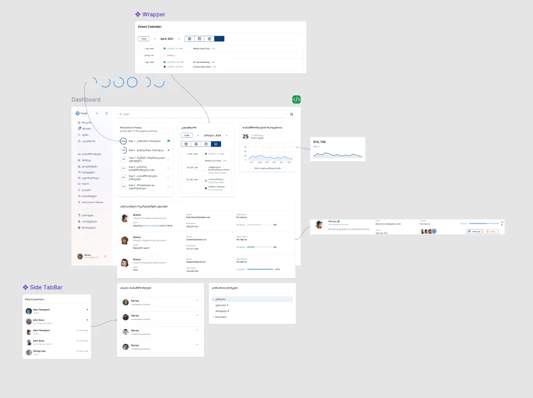 Dashboard wrapper and side tab bar components in Figma