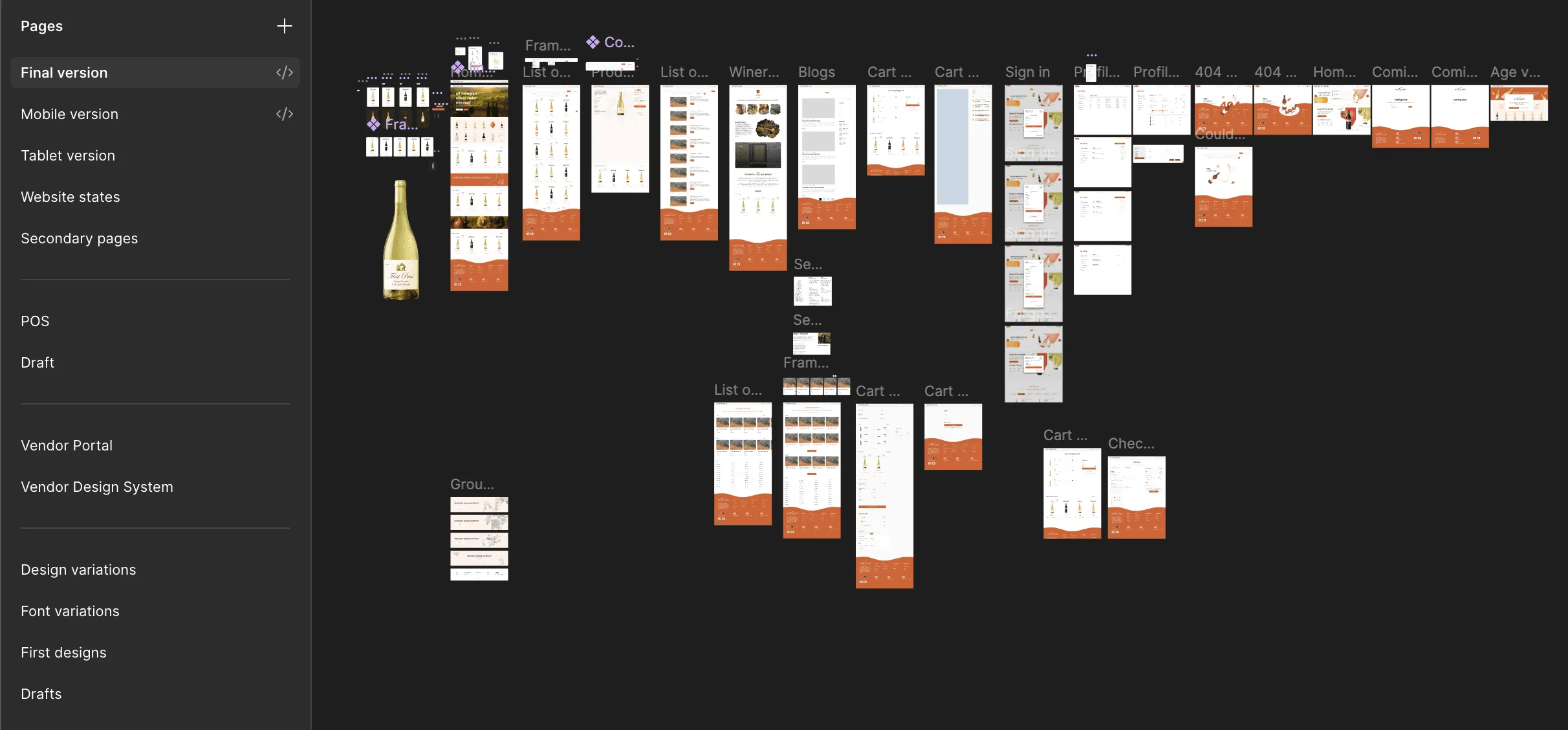 Figma file overview with all Wineland pages and frames