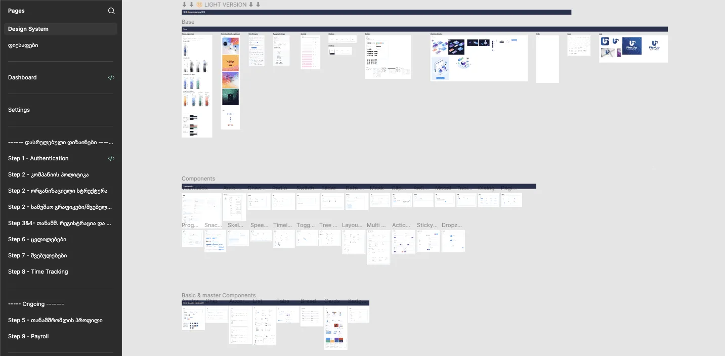 Figma file pages list and design system overview