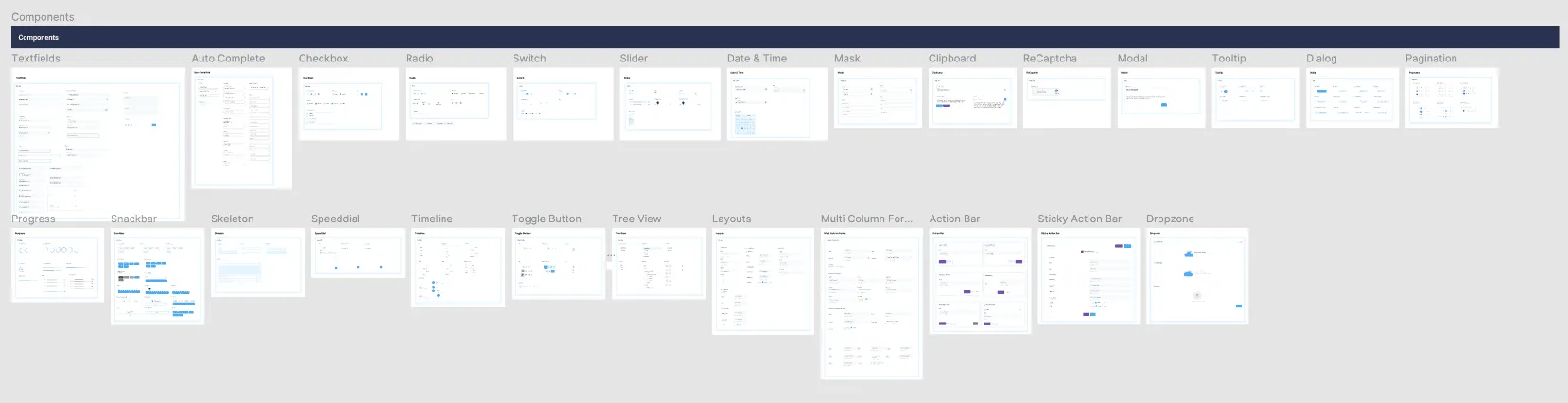 FlexUp HR component library overview: text fields, checkboxes, modals, tree view, action bars and more