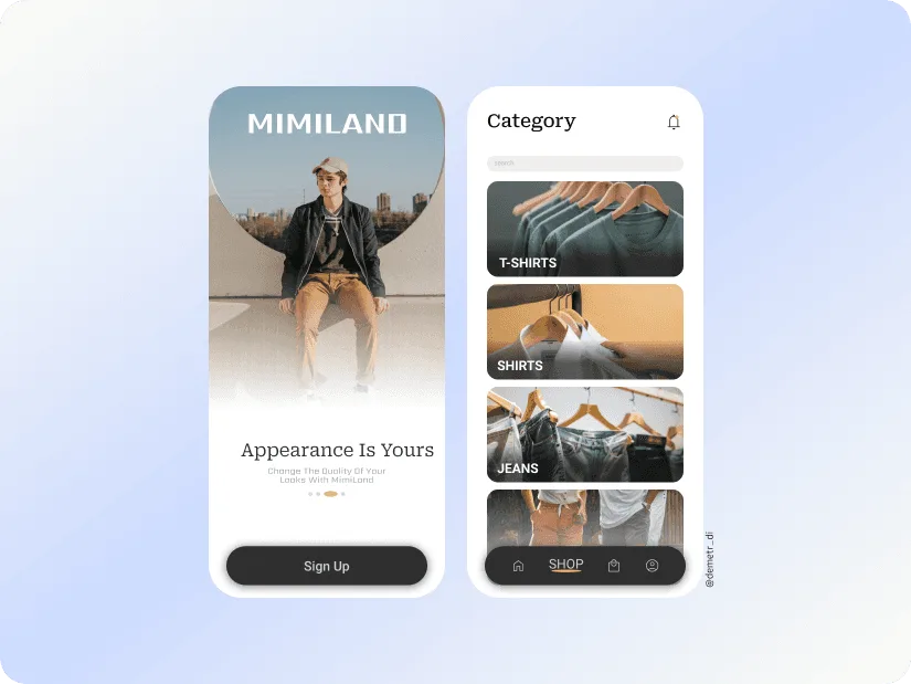 Mimiland fashion store mobile app screens