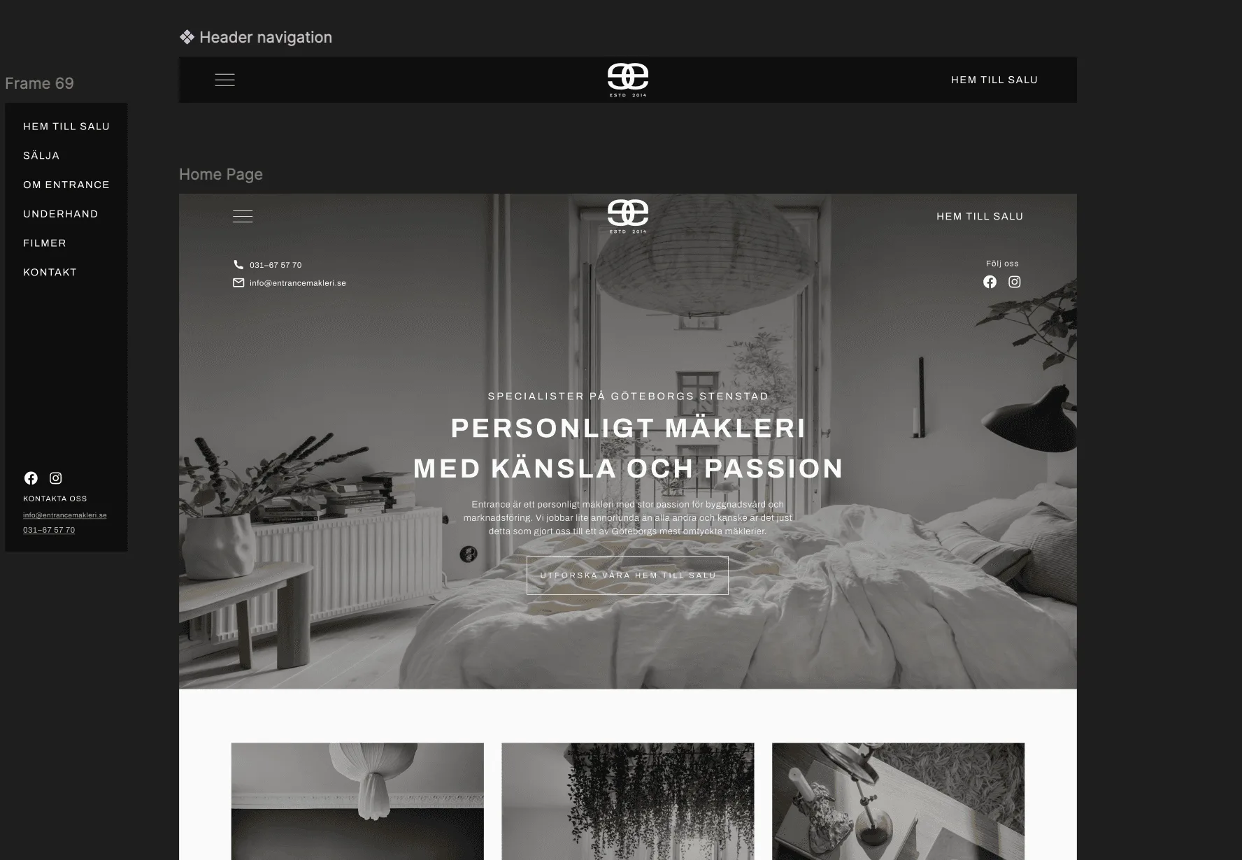 Figma frames of the Entrance header navigation, menu and home page