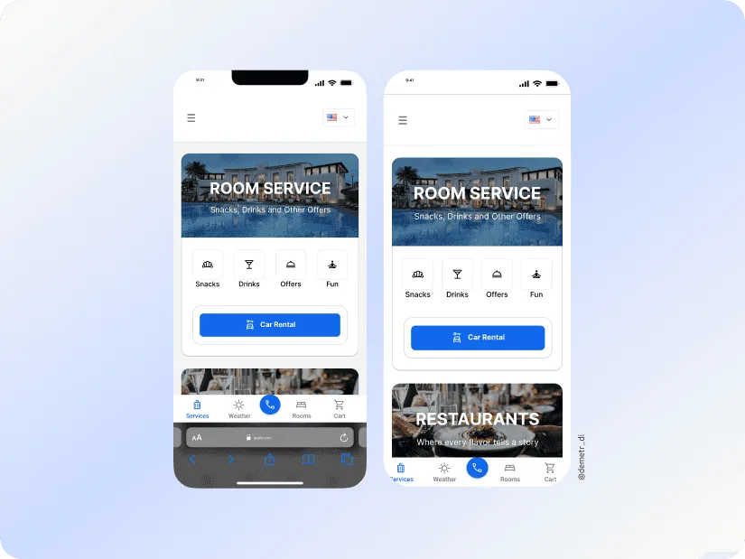 Hotel room service mobile app screens