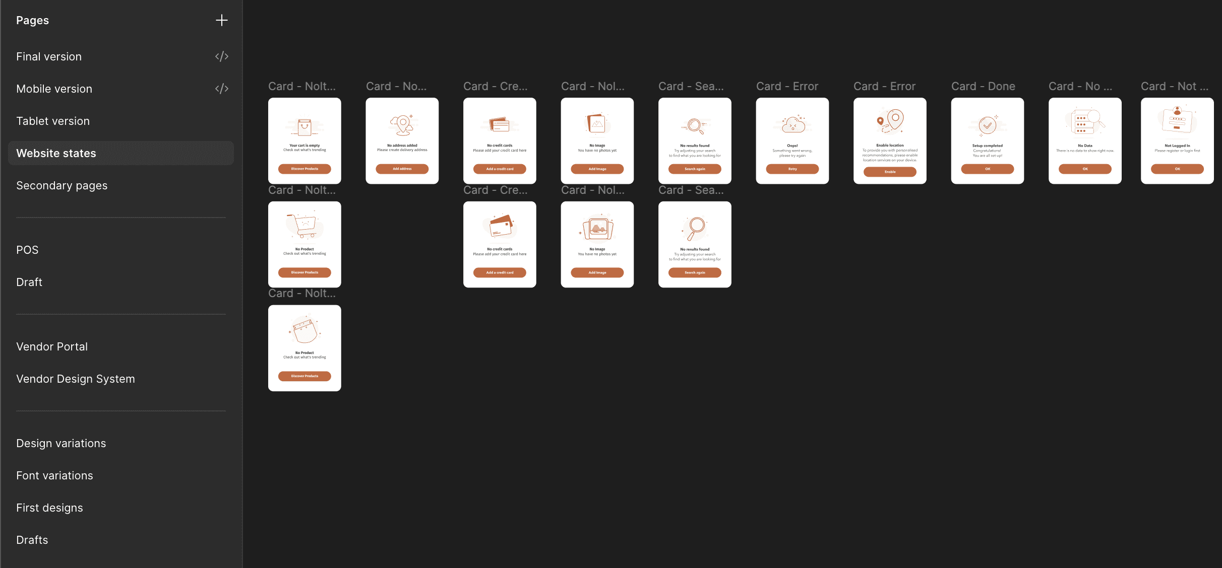 Figma page with Wineland website state cards (empty, error and success states)