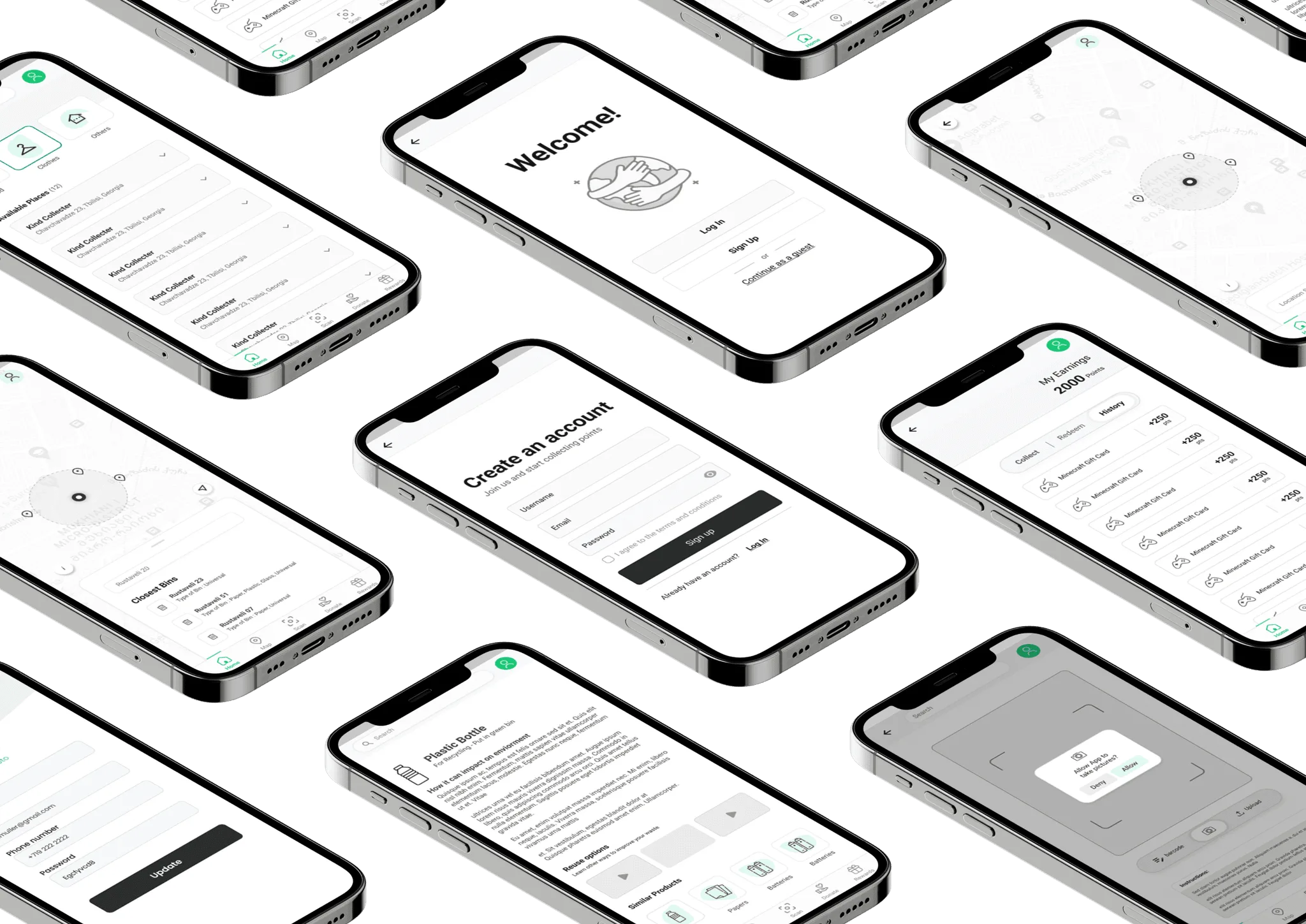 Lo-fi wireframes of the GreenCycle app shown on tilted phones