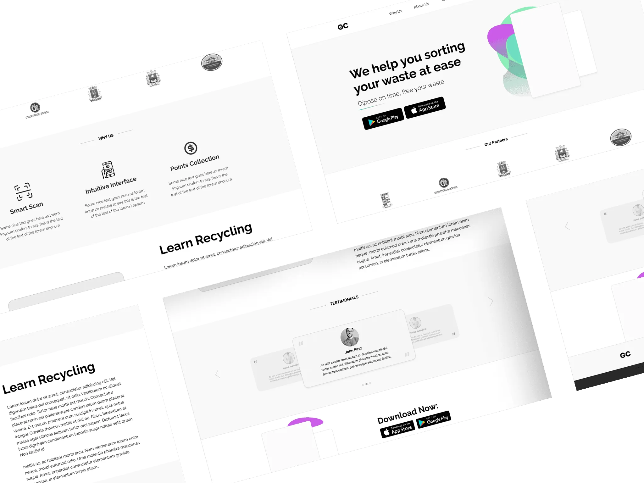 Lo-fi wireframes of the GreenCycle landing page