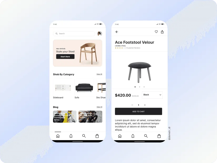 Furniture store mobile app screens
