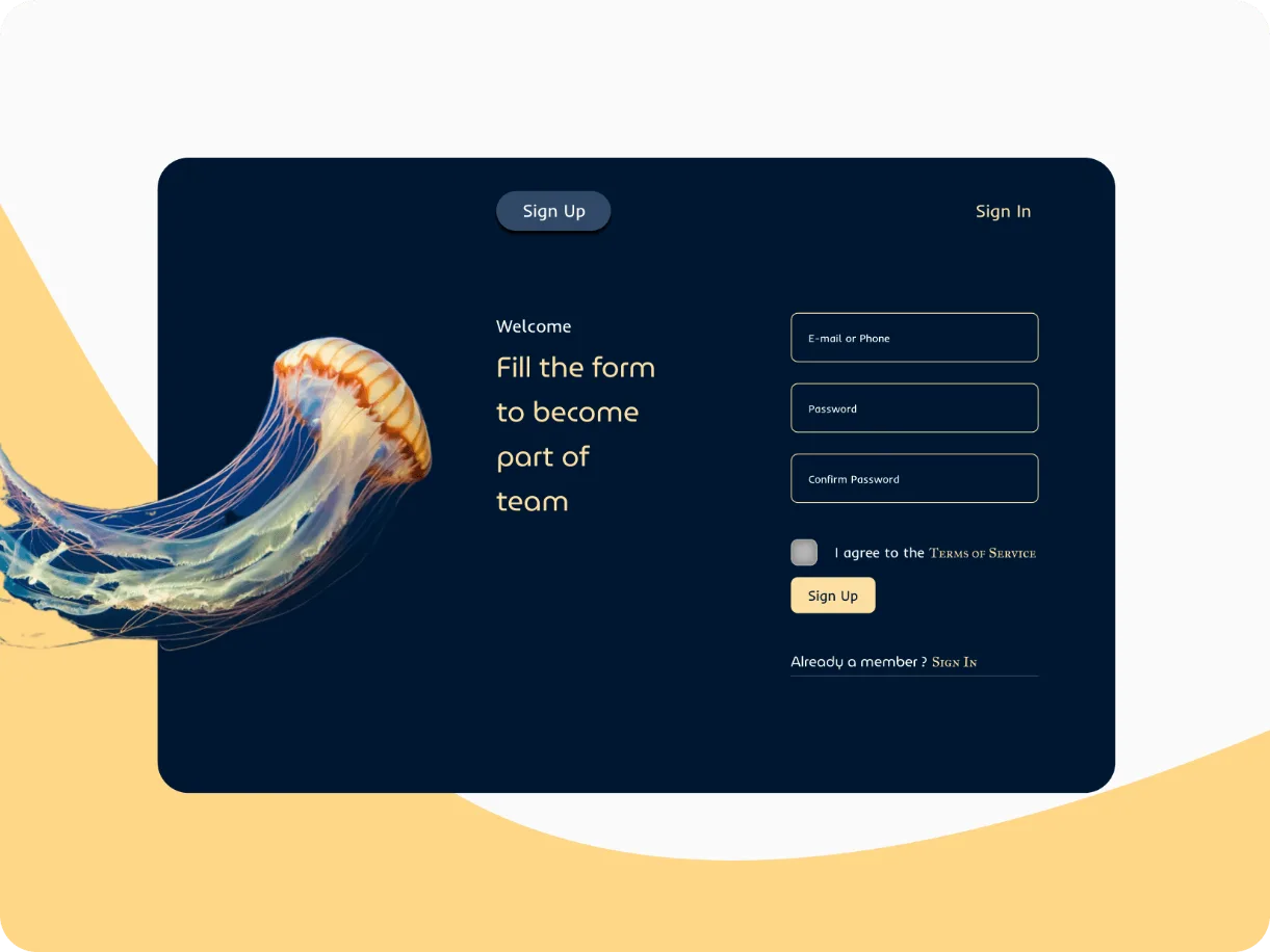 Sign up form design with jellyfish illustration