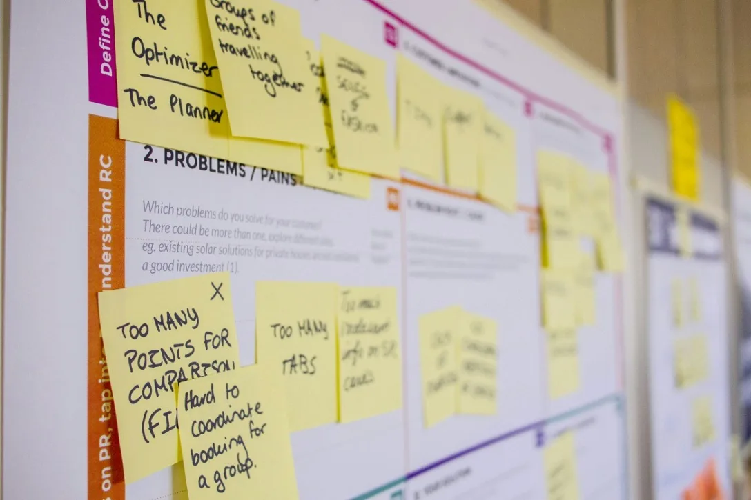 Research wall covered in sticky notes
